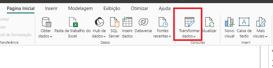 Captura de tela do menu do Power BI, está destacado em vermelho a opção "Transformar Dados