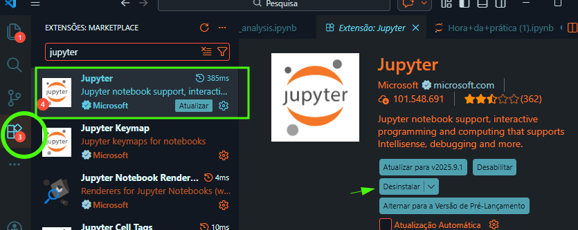 Captura de tela do Visual Studio Code na aba Extensões, com a busca por “jupyter”. A extensão “Jupyter” da Microsoft aparece destacada no marketplace, mostrando opção de atualizar. À direita, a página da extensão exibe logo do Jupyter, número de downloads, avaliação em estrelas e botões como “Atualizar”, “Desinstalar” e “Desabilitar”. Na barra lateral esquerda, o ícone de extensões está circulado em verde.