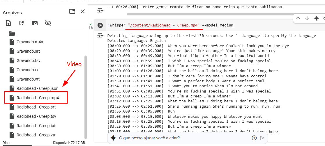 Tela do Google Colab mostrando a pasta de arquivos. O vídeo 'Radiohead - Creep.mp4' está destacado em vermelho na lista. Ao lado, uma célula de código executa o comando !whisper "/content/Radiohead - Creep.mp4" --model medium, exibindo a transcrição automática em inglês com marcações de tempo e trechos da música.