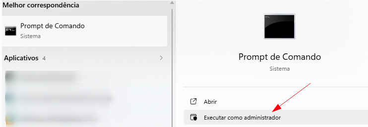 Captura de tela da busca do Windows exibindo o aplicativo “Prompt de Comando” como melhor correspondência. À direita, aparecem as opções “Abrir” e “Executar como administrador”, com uma seta vermelha apontando para a opção “Executar como administrador”.