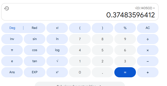 Alt: Captura de tela de uma calculadora científica em interface clara. No visor superior aparece a operação √(0.140502) com o resultado 0.37483596412 exibido em destaque. Abaixo há botões organizados em grade, incluindo funções como Deg, Rad, x!, parênteses, %, AC, Inv, sin, ln, π, cos, log, e, tan, √, Ans, EXP, xʸ, além dos números de 0 a 9, ponto decimal e operadores matemáticos como divisão, multiplicação, subtração, adição e o botão azul de igual.
