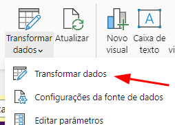 captura de tela do botão transformar dados. Há uma seta apontando para a opção transformar dados