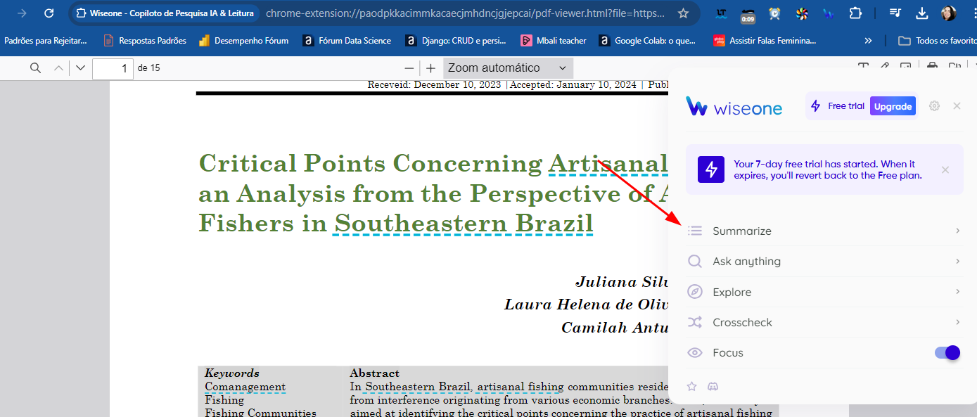 Captura de tela mostrando a interface da extensão Wiseone com a opção "Summarize" em destaque