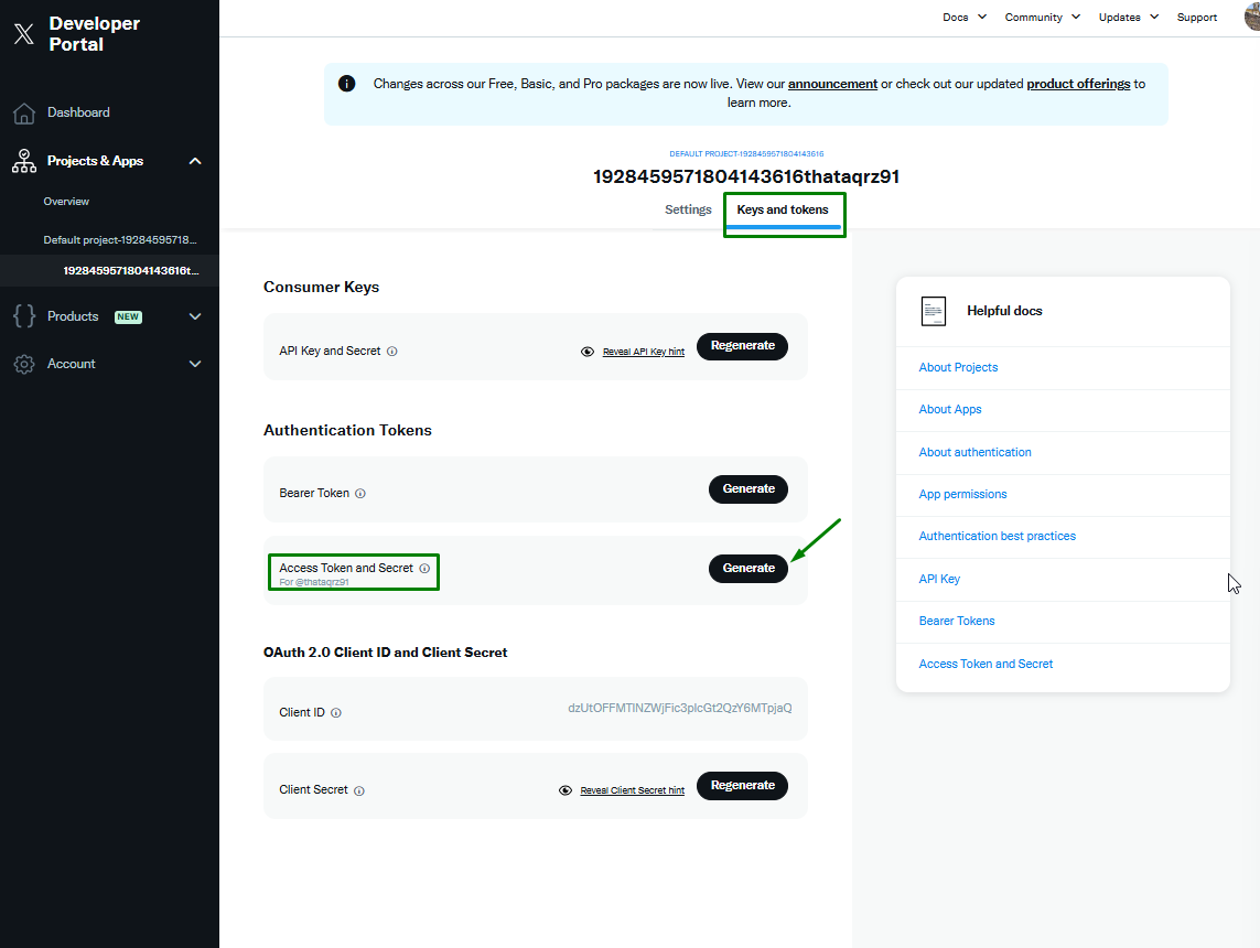 Tela "Keys and tokens" do Developer Portal. Na seção "Authentication Tokens", aparece a opção "Access Token and Secret" com um botão "Generate" destacado por uma seta verde. Acima, há também botões para gerar "API Key and Secret" e "Bearer Token". À direita, há um painel de ajuda com links para documentos relacionados, como “About authentication” e “Access Token and Secret”. A aba "Keys and tokens" está selecionada no topo da página.