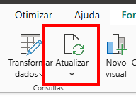 Barra de ferramentas do Power BI mostrando as opções “Transformar dados” e “Atualizar”. O botão “Atualizar” está destacado por um retângulo vermelho, indicando a ação de atualizar as consultas do modelo.