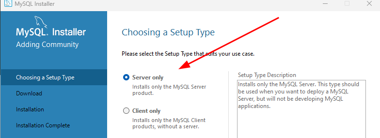 captura de tela do instalador mysql está marcada a opção server only