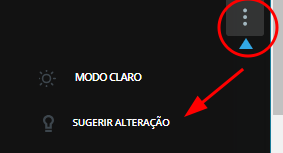 Menu de configurações com fundo escuro. Ícones para as opções 'Modo Claro' e 'Sugerir Alteração' estão visíveis. Um círculo vermelho destaca o ícone de três pontos no canto superior direito, indicando um menu adicional ou opções de configuração.