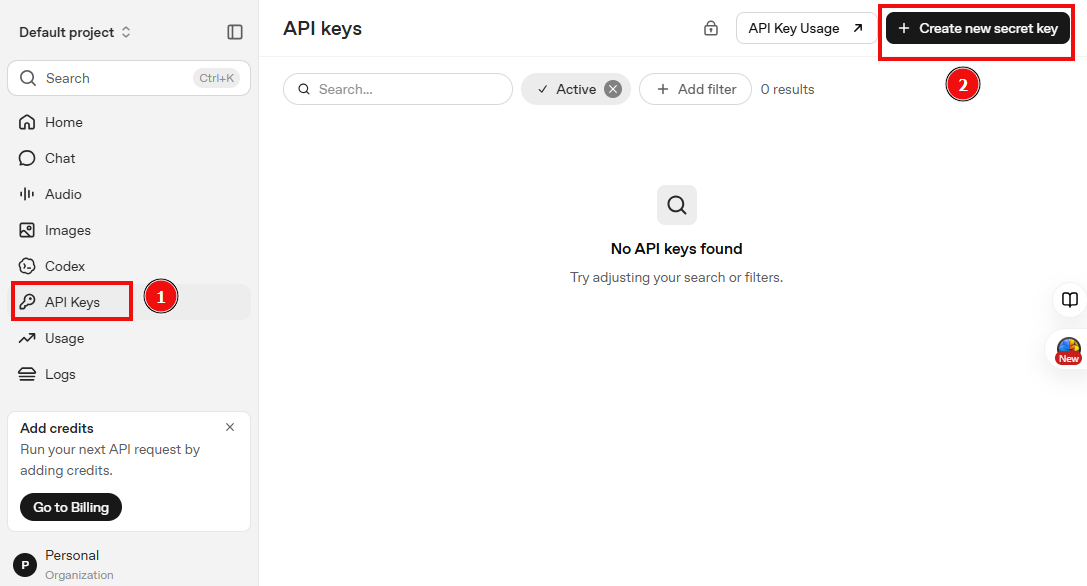 Captura de tela do painel da OpenAI Platform com fundo claro. À esquerda, um menu lateral destaca com um retângulo vermelho numerado como 1 a opção "API Keys". À direita, no topo da tela, o botão escuro "+ Create new secret key" está destacado com um retângulo vermelho numerado como 2. Ao centro, há uma mensagem indicando "No API keys found".