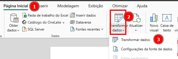 Captura de tela do Power BI Desktop mostrando a aba Página Inicial no topo. À esquerda, o número 1 destaca a aba Página Inicial. No centro, o número 2 destaca o botão Transformar dados no menu superior. Abaixo, o número 3 indica a opção Transformar dados no menu suspenso, caminho utilizado para abrir o editor do Power Query.