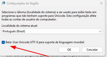 Janela “Configurações de Região” no Windows. Mostra o idioma atual como “Português (Brasil)” e há uma opção marcada com o texto “Beta: Usar Unicode UTF-8 para suporte de linguagem mundial”, indicada por uma seta vermelha. 