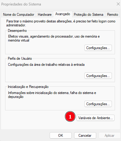 A janela “Propriedades do Sistema” do Windows está aberta na aba “Avançado”. Na seção “Desempenho”, há uma descrição sobre efeitos visuais, agendamento do processador, uso de memória e memória virtual, acompanhada do botão “Configurações...”. Abaixo, aparecem as seções “Perfis de Usuário” e “Inicialização e Recuperação”, ambas também com botão “Configurações...”. Na parte inferior direita da janela, há o botão “Variáveis de Ambiente...” destacado com um círculo vermelho numerado como “1”.