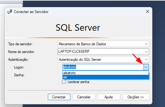 Janela "Conectar ao Servidor" no SQL Server Management Studio. No campo "Logon", há um menu suspenso aberto com duas opções: "aleatorio" e "sa", com a primeira selecionada. Uma seta vermelha aponta para o menu suspenso. 