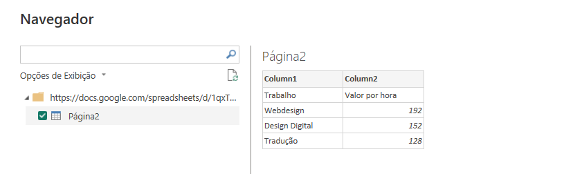 Planilha do Google carregada no Power BI com os dados visíveis