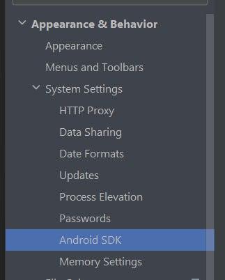 menu Appearance & Behavior expandido. Dentro a opção System Settings está expandida e dentro contém a opção Android SDK 