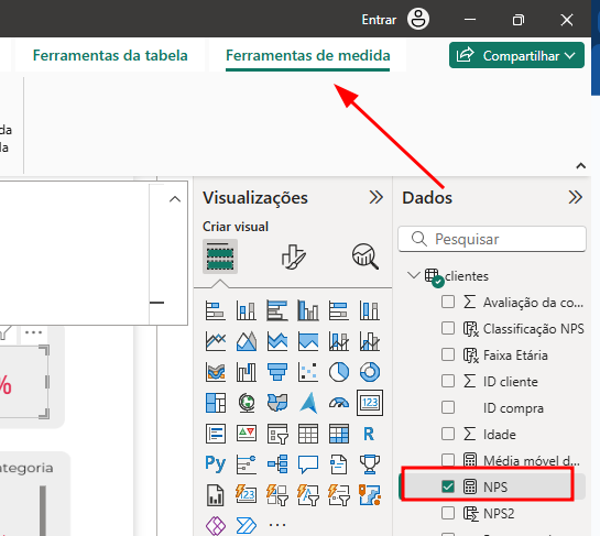 Captura de tela do Power BI mostrando o painel Dados à direita, com a tabela clientes expandida. O campo NPS aparece selecionado e destacado com uma caixa vermelha. Na parte superior da tela, a aba ativa é Ferramentas de medida, indicada por uma seta vermelha.