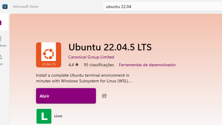 Captura de tela da página da Microsoft Store exibindo o aplicativo “Ubuntu 22.04.5 LTS”. O cabeçalho mostra o nome da aplicação, a logo laranja do Ubuntu e a classificação de 4.4 estrelas. Abaixo, aparece o botão roxo “Abrir”, indicando que o aplicativo já está instalado. O layout tem fundo em tons de rosa e há uma barra de busca no topo com o texto “ubuntu 22.04”.