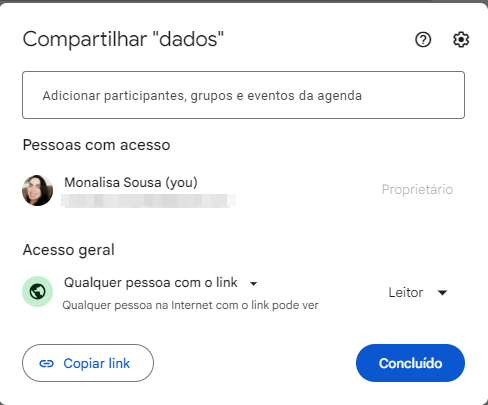 Tela do Google Sheets destacando a opção de compartilhamento