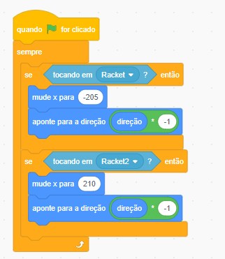 Captura de tela retirada do scratch, na imagem há um código que diz que quando a bandeira for clicada sempre que a bolinha estiver tocando em minha raquete então mude a posição horizontal da bolinha para menos duzentos e cinco e aponte para a direção inversa menos. A outra parte do código se refere ao mesmo modelo só que tocando na raquete do oponente ela mudará a posição horizontal da bolinha para duzentos e dez positivo.”