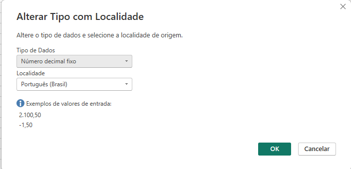 janela do Power Query chamada “Alterar Tipo com Localidade”. Nela aparecem duas opções selecionáveis: “Tipo de Dados”, configurado como “Número decimal fixo”, e “Localidade”, configurada como “Português (Brasil)”. Abaixo há um pequeno bloco informativo mostrando exemplos de valores de entrada no formato brasileiro, como “2.100,50” e “-1,50”. No canto inferior direito ficam os botões “OK” e “Cancelar”.