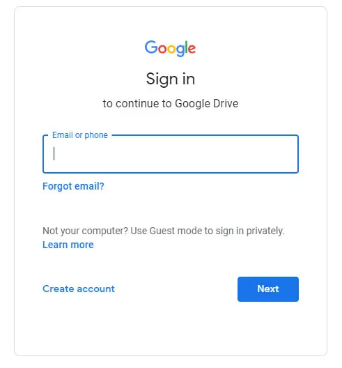 Captura de tela do google. Nela há um Sign in com campo de email e um botão next.