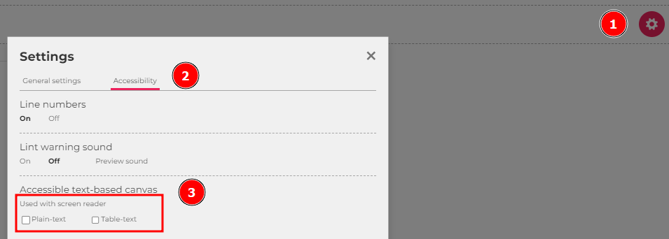 captura de tela do p5. Há um numeral 1 apontando para o botão de configuração. Há um menu suspenso, onde há o numeral 2, na opção Acessibility. Nesta janela há um Accessible text-based canvas, com caixas de seleções Plain-text e table-text, elas estão desmarcadas 