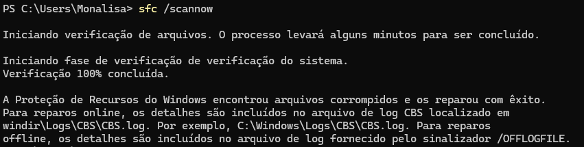 Captura de tela do prompt de comando com sfc /scannow, mostrando a mensagem "A Proteção de Recursos do Windows encontrou arquivos corrompidos e os reparou com êxito."