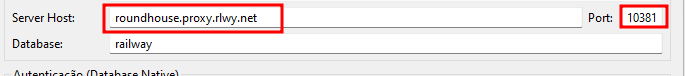 Interface de configuração de conexão com banco de dados. No campo "Server Host", está preenchido com "roundhouse.proxy.rlwy.net", e no campo "Port", o valor é "10381". O campo "Database" logo abaixo está preenchido com "railway".