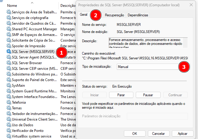 captura da janela serviços no Windows, ao lado do servição 'sql server 'há um numeral 1. Na janela propriedades do sql server há um numeral 2 na aba 'geral' e na propriedade 'tipo de inicialização' há o numeral 3