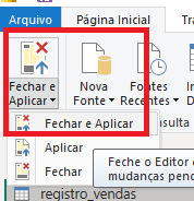 Captura de tela do Power Bi, está destacado em vermelho a opção "Fechar e aplicar"