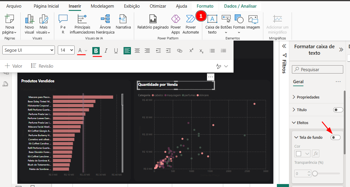 Descrição da imagem para acessibilidade: interface do Power BI com uma seta apontando para o botão de preenchimento da caixa de texto, indicando como torná-la transparente