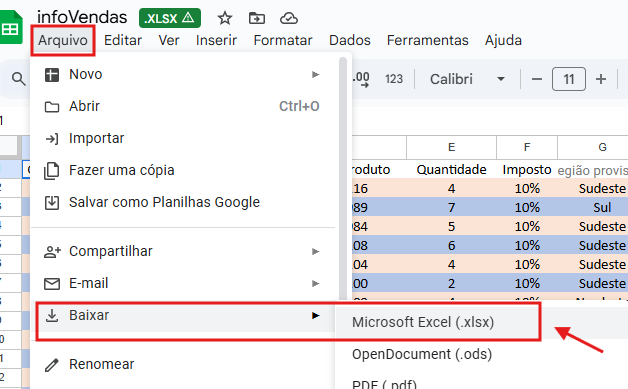 Interface do Google Sheets mostrando o menu Arquivo aberto. As opções exibidas incluem Novo, Abrir, Importar, Fazer uma cópia e Salvar como Planilhas Google. A opção Baixar está destacada por um retângulo vermelho, com o submenu indicando o formato Microsoft Excel (.xlsx) selecionado