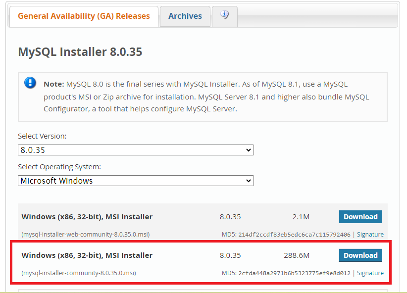 Captura de tela do instalador MYSQL, está destacado em vermelho a opção Windows (x86, 32-bit), MSI Installer	8.0.35	288.6M	
