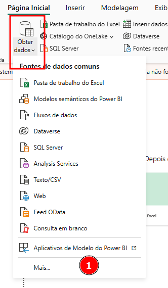 Botão 'Mais' na aba Obter Dados