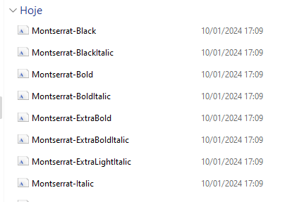Captura de tela das fontes Montserrat no explorador de arquivos do Windows