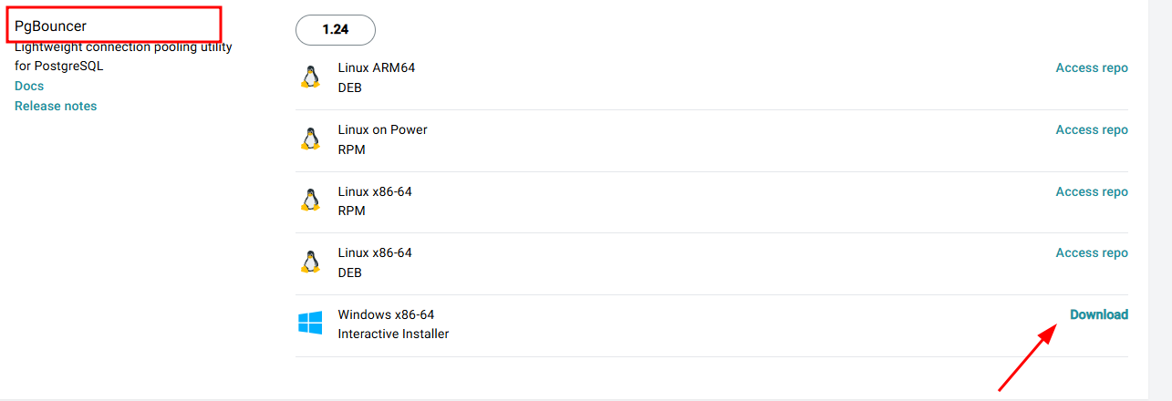 Página de downloads do PgBouncer exibindo a versão 1.24. No topo esquerdo aparece o nome “PgBouncer”. A lista mostra diferentes pacotes para Linux (ARM64, Power, x86-64, nos formatos RPM e DEB). Na parte inferior, há a opção “Windows x86-64 Interactive Installer”, e à direita um link “Download” destacado com uma seta vermelha apontando para ele.