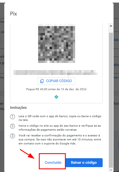  Na parte superior, está escrito "Pix" e um QR Code é exibido no centro, com um botão abaixo intitulado "COPIAR CÓDIGO". Abaixo, há uma seção intitulada "Instruções". No canto inferior da janela, há dois botões: "Concluído" destacado em vermelho e "Baixar o código" à direita em azul.