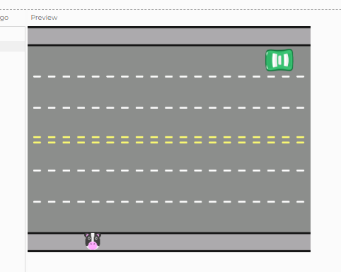 Captura de tela do preview do p5. Nela há uma imagem de estrada como background. Na faixa superior da estrada, há um carro verde, e na faixa inferior há uma vaca.