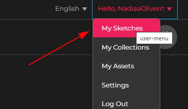 IPrint da plataforma p5. No canto superior direito há uma opção English e ao lado um botão selecionado de perfil escrito "Hello, NádiaaOliverr", abaixo a opção My Sketches selecionado com a cor rosa, e uma seta vermelha apontando-a.