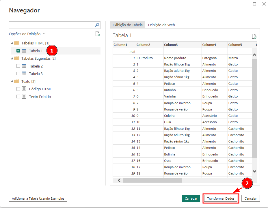Captura de tela da janela navegador. Ele mostra três tipos de opções de exibição. Na opção Tabelas HTML [1], está selecionada a tabela1, onde há um numeral 1 ao lado indicando o passo 1. Há um numeral 2, ao lado do botão transformar dados, na parte inferior direita.
