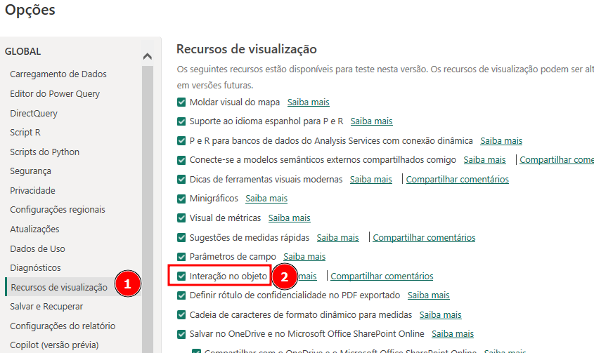 A imagem mostra a tela de opções do Power BI, destacando a seção 'Recursos de visualização' no painel à esquerda. No lado direito da tela, uma lista de recursos de visualização disponíveis é exibida, com diversas opções marcadas por caixas de seleção. Um destaque com o número 2 envolve a opção 'Interação no objeto', que está marcada.