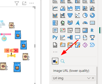 Há um painel de visuais. Uma seta vermelha aponta para um ícone de um quadrado dividido diagonalmente em duas cores (azul e amarelo) no painel à direita, indicando uma ação ou elemento específico na interface