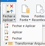 Menu suspenso do Power BI com a opção **“Fechar e Aplicar”** expandida, exibindo as alternativas **“Fechar e Aplicar”** e **“Fechar”**, utilizadas para salvar as transformações realizadas e retornar à tela principal do Power BI.