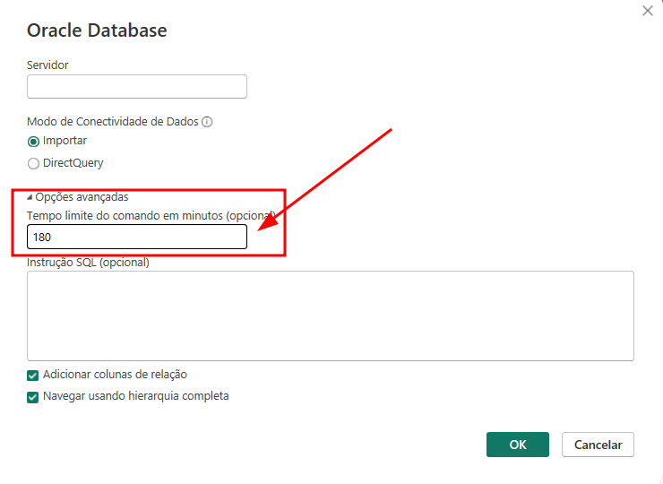 Imagem da seção "Opções avançadas" no Power BI, destacando o campo "Tempo limite do comando em minutos (opcional)" preenchido com o valor "180".