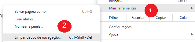 Captura de tela do chrome. Há um menu com duas abas. Esta selecionado Mais ferramentas com número 1 e Limpar Dados de Navegação com número 2 