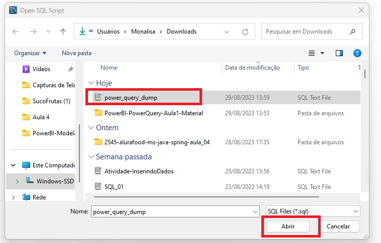 Captura de tela do explorador de arquivos, destacando o arquivo "power_query_dump" e o botão "Abrir"