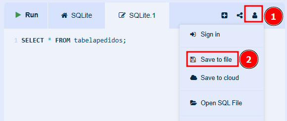 Captura de tela destacando o ícone do avatar com a numeraçao 1 ao lado. Há um menu suspenso e a opção "Save to file" está com o numero 2 destacado.