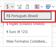 Captura de tela do botão $, está destacado em vermelho a opção Portugues Brasil