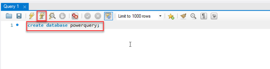 captura de tela no workbench, está destacado em vermelho o comando create database powerquery; e raio amarelo no menu superior 