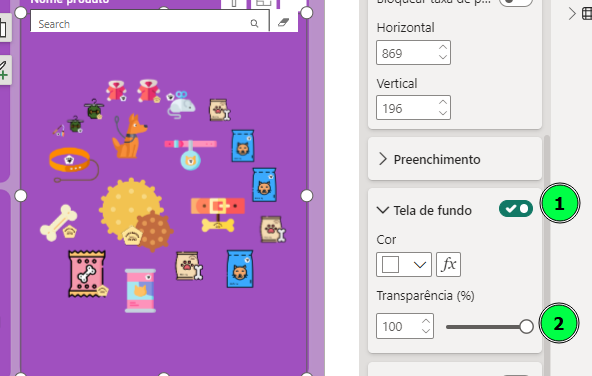 Tela mostrando opções de configuração para ajustar a transparência do fundo no Power BI, com um botão para ativar a tela de fundo e um controle deslizante para a transparência.