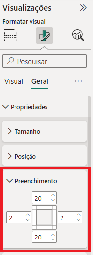 Captura de tela do Power BI mostrando o menu de visualizações. Na aba "Formatar seu visual", clique em "Geral". Em seguida, vá para "Propriedades" e escolha "Preenchimento", destacado em vermelho.